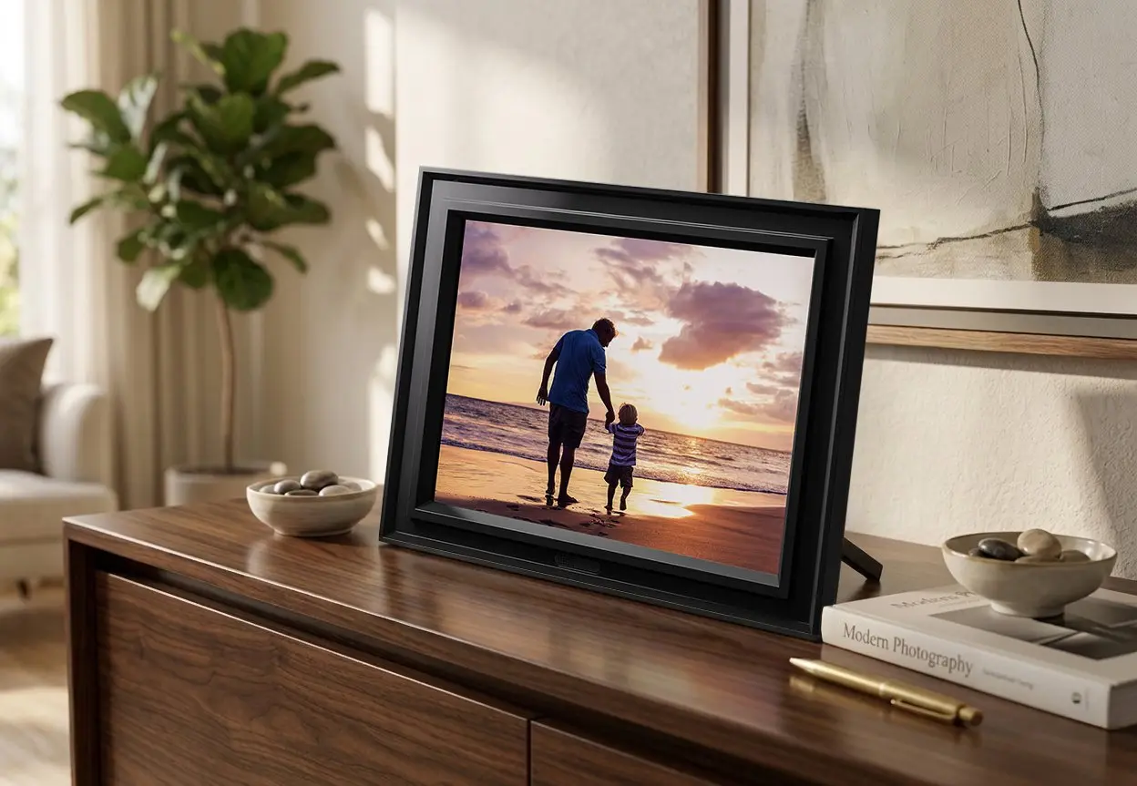Pix-Star digital photo frame on a sideboard