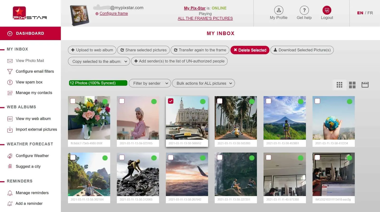 Pix-Star: Foto-Mail anzeigen, Foto löschen